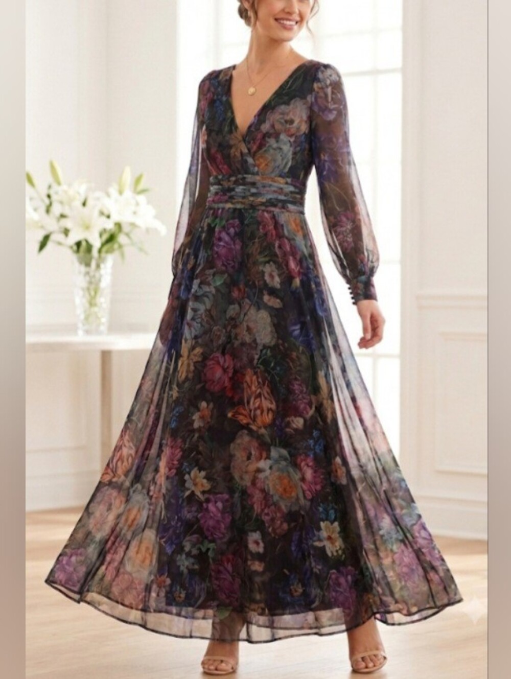 Marchesa Notte Stunning Moody Floral Chiffon Gown- Size 8